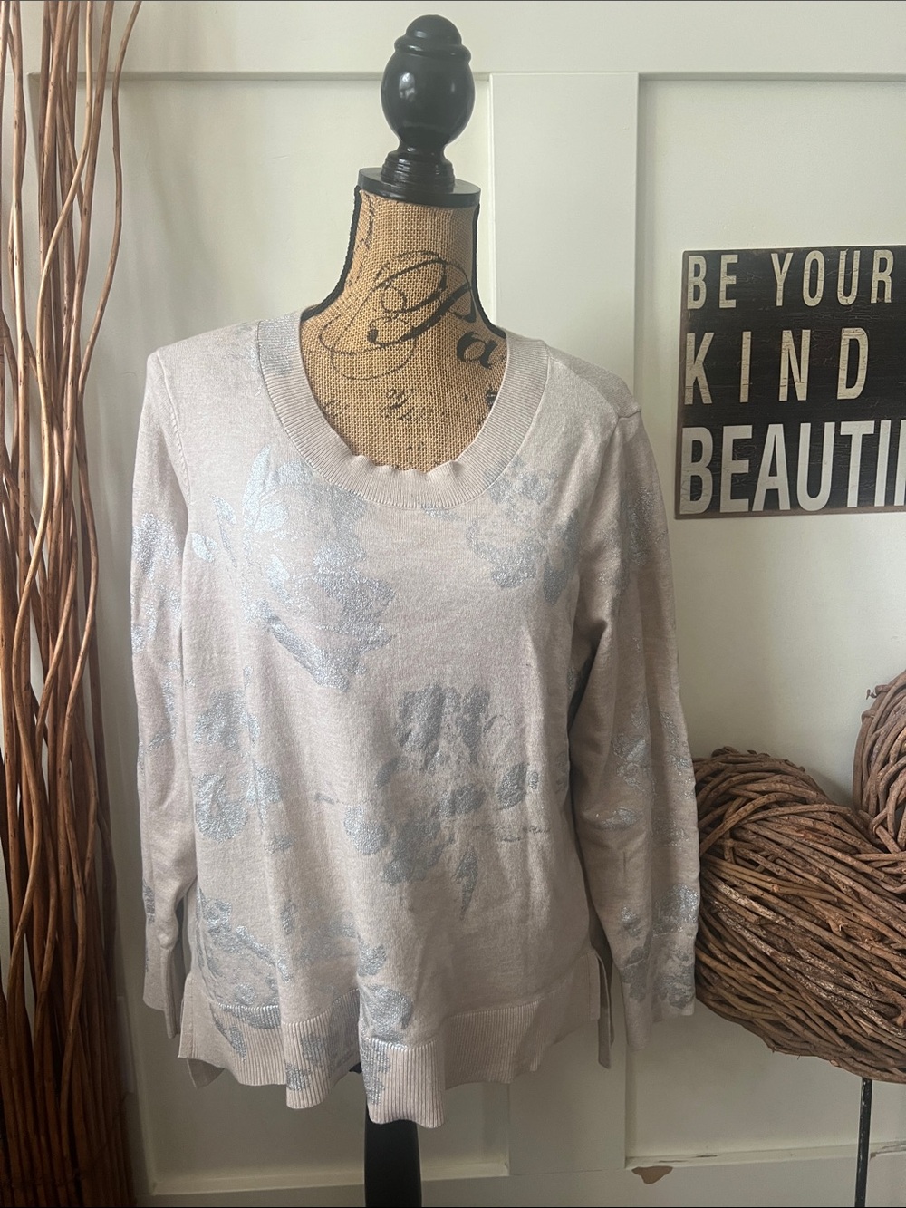 Cupio Pale Pink Crewneck Sweater with Silver Floral Shine